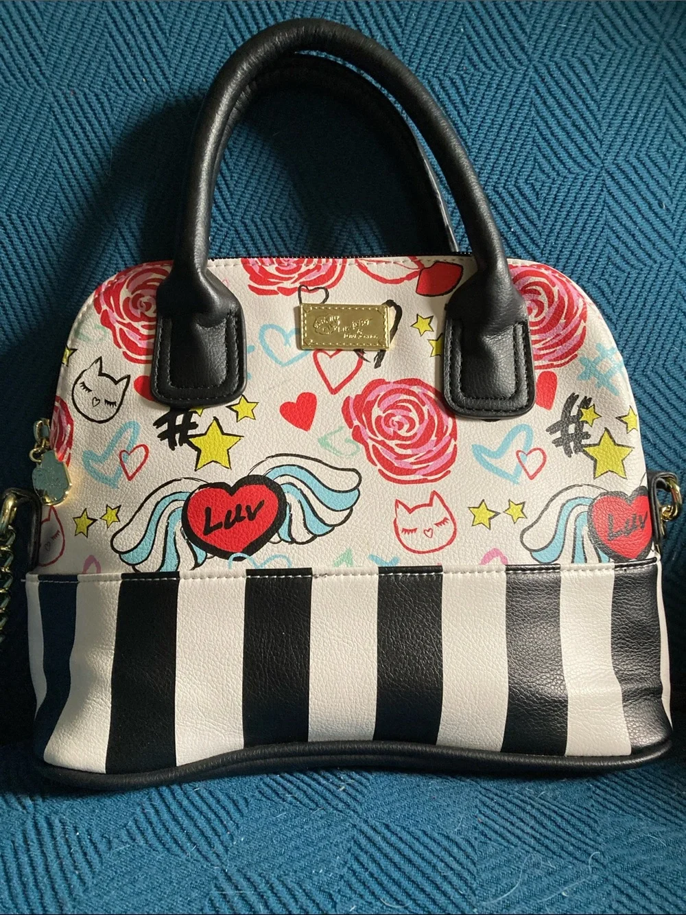 Betsey Johnson Black & White Striped Floral Heart Satchel with Red Accents